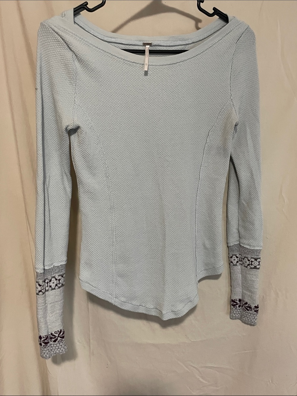 Free People Light Blue Long-Sleeve Waffle Top with Embroidered Sweater Cuffs